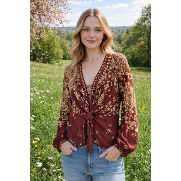 Free People Tops - Free People S Boho Floral Tie Front Blouse Top Small NWT Burgundy Long Sleeve